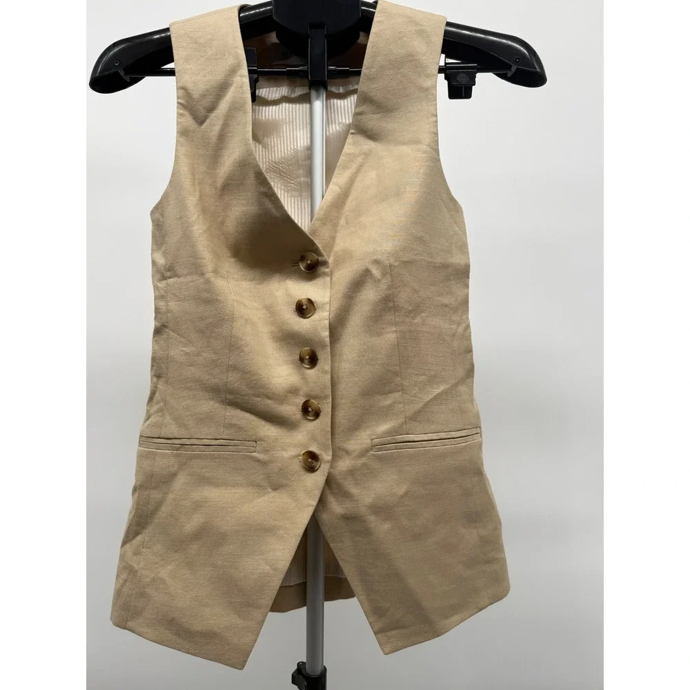 Veronica Beard Life Linen Blend Vest Tan Luxury Button Front Cinch Back Size 0 - Picture 1 of 6